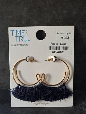 Time and Tru Gold-Tone Hoop Earrings with Navy Tassel Fringe